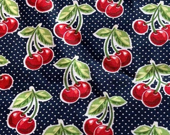Cherry fabric By the yard 100% Cotton for quilting and crafts, cherries polkadots retro