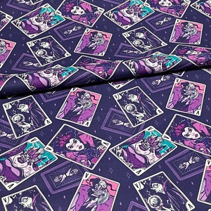 Disney villain card stack fabric By the yard 100% Cotton purple Cruella Ursula maleficent