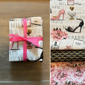 Paris fat Quarter Bundle 100% Cotton 3 FQ&#39;s Quilting Crafts roses France flowers handbag purse perfume parfume pink black