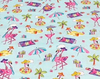 Flamingos at the beach Fabric by the yard 100% Cotton Clothing Crafts Quilt beach umbrella palm tree water sand vacation floaty