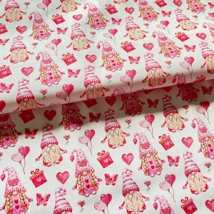 Valentines Day Gnomes on white fabric by the Yard 100% Cotton for Clothing Crafts Quilting