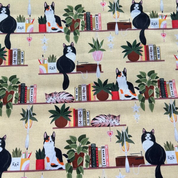 Cats on Shelves Tan fabric By the yard 100% Cotton books plants