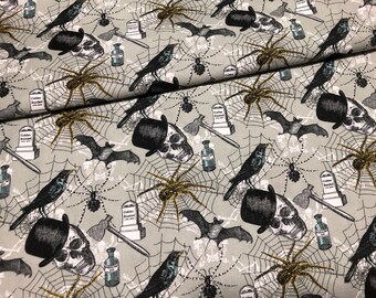 Skull with a top hat Fabric by the yard 100% Cotton Clothing Crafts Quilt GOLD spider web tomb stone  bats poison Halloween icons met