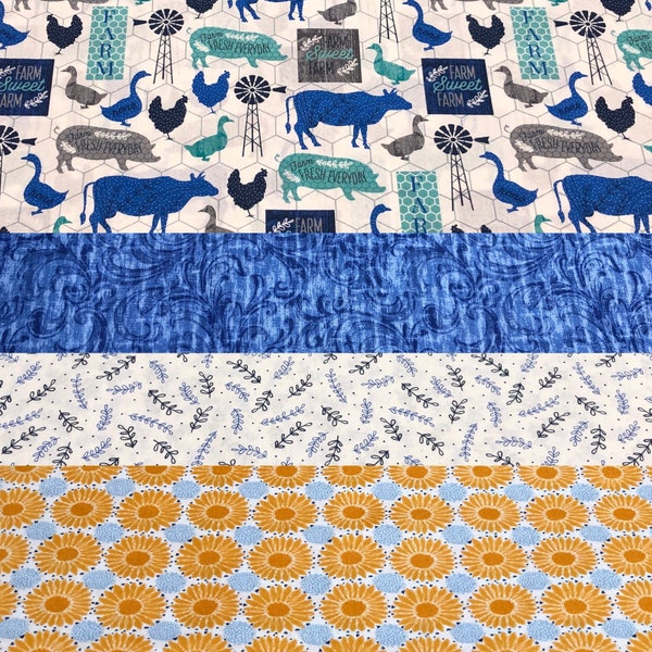 Farm Fat Quarter Bundle 100% Cotton 4 FQ's Quilting cow pig chicken wire sunflowers geese weather vane leaves blue yellow