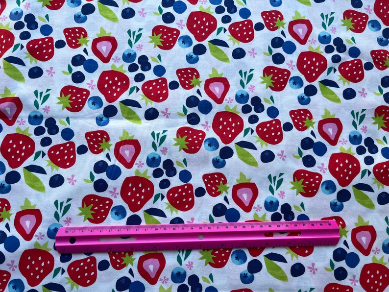 Strawberry and Blueberry Fabric by the yard 100% Cotton for Clothing, Crafts, Quilting bty fruit summer image 2