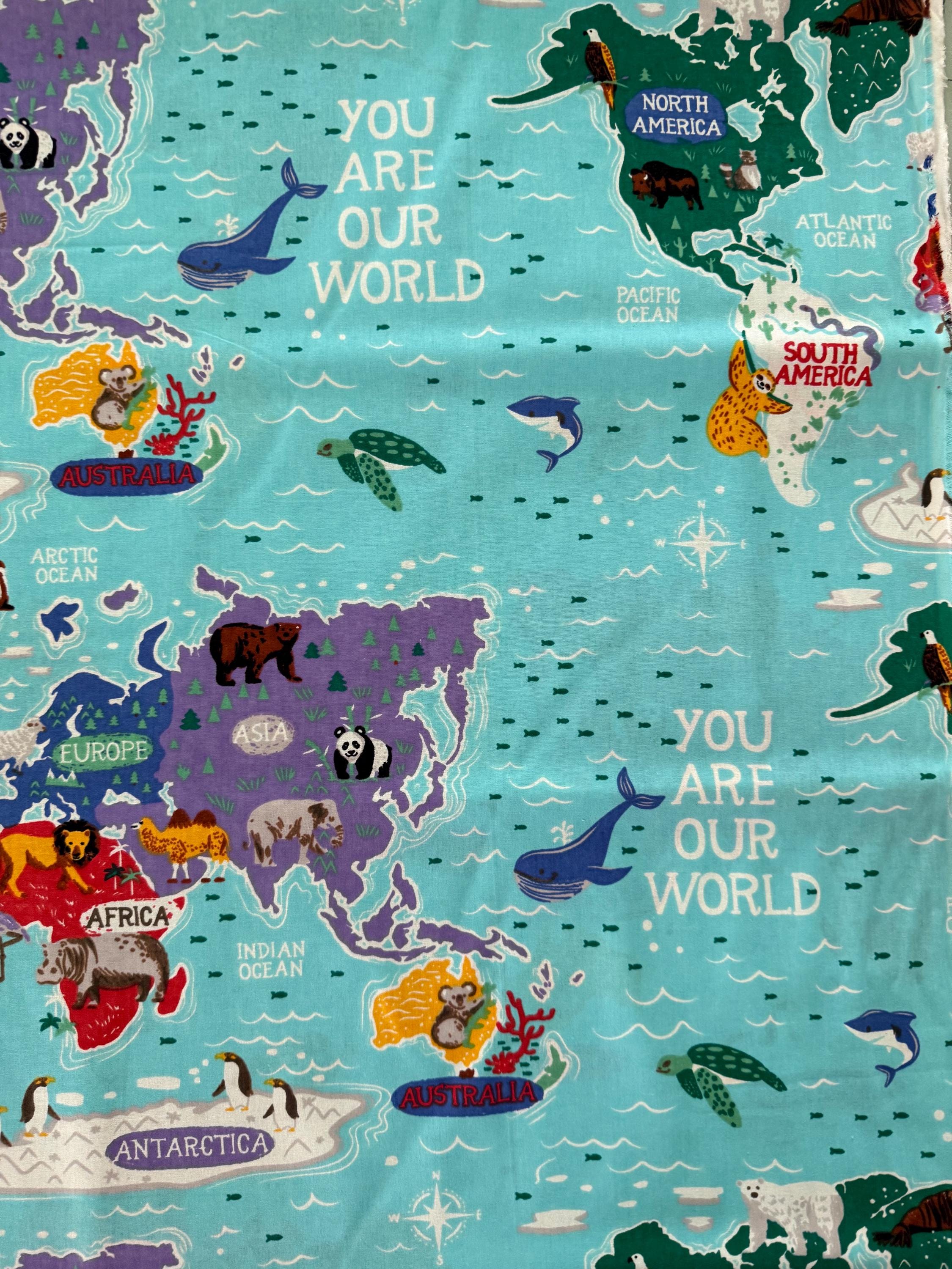 World Map Allover Fabric by the Yard 100% Cotton Clothing Crafts ...