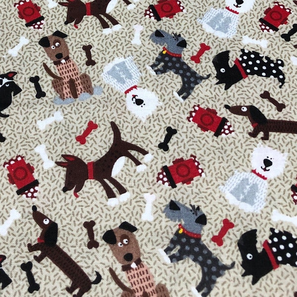 Beige Dog fabric by the Yard 100% Cotton for Clothing Crafts Quilting bones many breeds polka dot fire hydrants