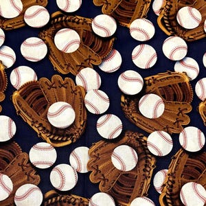 Baseball fabric by the yard 100% Cotton Quilting Crafts sports ball mitt navy background
