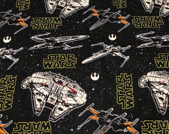 Star Wars Fabric by the yard 100% Cotton for Clothing, Crafts, Quilting black and white millennium falcon