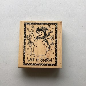 Vintage/Retraité PSX Let it Snow Bonhomme de neige monté sur bois Tampon en caoutchouc/Noël/Vacances/Hiver/Destash