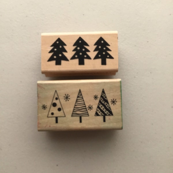 Lot of 2 A Muse Artstamps Holiday Trees Wood Mounted Rubber Stamps/Christmas/Winter/Craft Destash