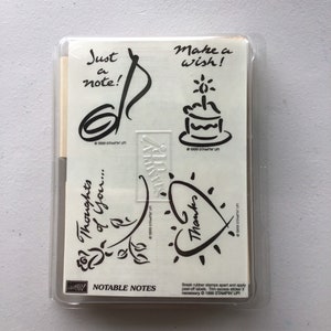 Ritirato/ Vintage Stampin' Up! Note notevoli Set di 4 francobolli montati in legno / inutilizzato, grazie, compleanno, solo una nota, pensieri di te