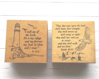 Vintage Lot of 2 Art Impressions Bible Passages Lighthouse and Mountain Wood Mounted Rubber Stamps/Ocean/Eagle/Pre-Owned