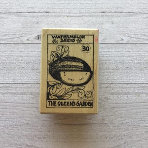 Timbro in gomma montato su legno "Semi di anguria/Il giardino della regina" Vintage Stampa Barbara/Usato