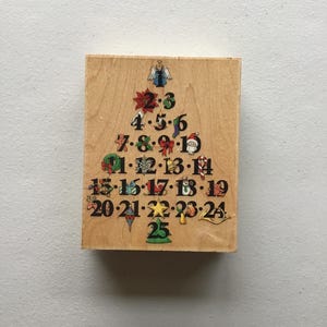 Vintage All Night Media adventsboom op hout gemonteerd rubberstempel/kerst/tweedehands