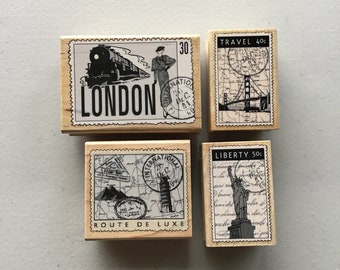 Vintage Hero Arts Lot of 4 Collage Postage Wood Mounted Rubber Stamps/Travel/Art Journal/Destash