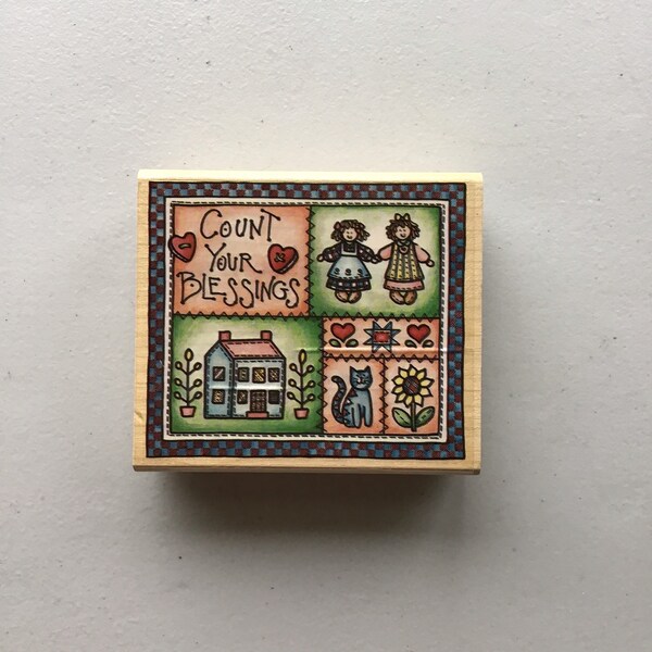 Rubber Stampede "Count Your Blessings" Quilted Frame Wood Mounted Rubber Stamp/Country/Pre-Owned