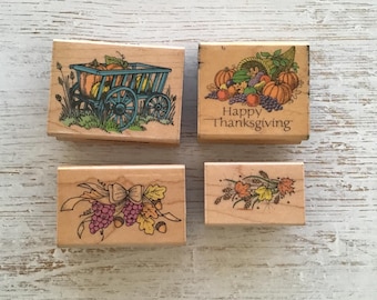 Lote antiguo de 4 sellos de goma montados en madera con temática de otoño/Acción de Gracias de Hero Arts/usados