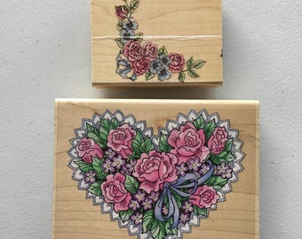 Lot of 2 Vintage Stampendous &quot;Floral Heart&quot; + &quot;Romantic Rose Corner&quot; Wood Mounted Rubber Stamps/Valentine&#39;s Day/Mother&#39;s Day/Pre-Owned