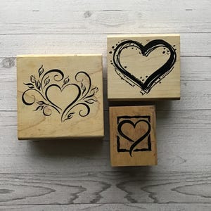 Vintage Lot von 3 DeNami Design Herzen Holz montierte Stempel / Valentinstag / gebrauchte