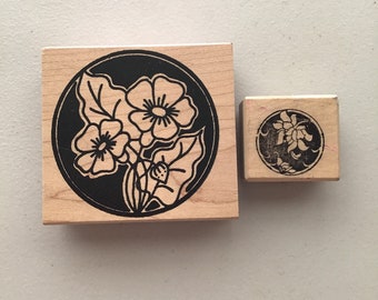 Lot of 2 Flower Silhouette/Framed Flower by Radesigns/Rubber Art Wood Mounted Rubber Stamp