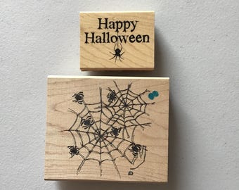 Lot of 2 Inkadinkado Halloween Wood Mounted Rubber Stamps/Spider Web/Happy Halloween/Pre-Owned