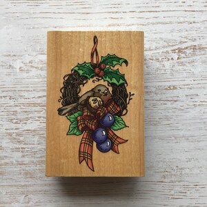 Timbro in gomma montato su legno "Nested Bird Wreath" Vintage Stampendous/Vacanze/Natale/Usato