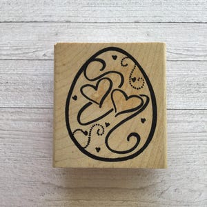 Oeuf DeNami design vintage avec coeurs, tampon en caoutchouc monté sur bois/Pâques/Occasion