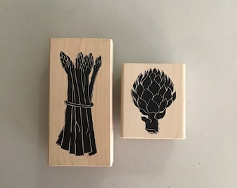 Lot of 2 Vintage A Stamp In The Hand Vegetable Wood Mounted Rubber Stamps/Asparagus/Artichoke/Pre-Owned