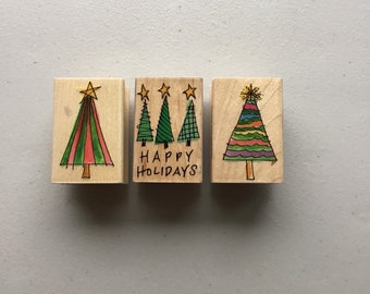 Lot of 3 Hero Arts Holiday Trees Wood Mounted Rubber Stamps/Christmas/Craft Destash