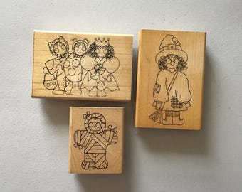 Lote antiguo de 3 sellos de goma montados en madera de Halloween de JRL Designs/DOTS/Trick-or-treat/usados