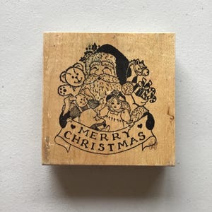 Vintage PSX Santa com brinquedos Carimbo de borracha montado em madeira/Natal/Usado