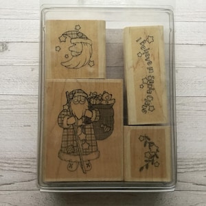 Zestaw 4 gumowych stempli mocowanych na drewnie, vintage/rezygnacja ze Stampin&#39; Up! „Stitched Santa”/Boże Narodzenie/Destash