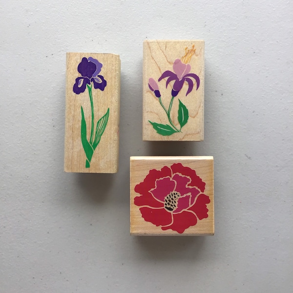 Vintage Lot of 3 Posh Impressions/Dee Gruenig Floral Wood Mounted Rubber Stamps/Crafty Destash