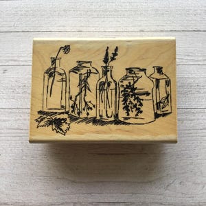 Vintage Stampington & Company "Medium Herbal Bottles" Carimbo de borracha montado em madeira/Usado