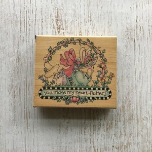 Vintage Penny Black "You Make My Heart Flatter" Stempel mit Holzaufzug/Liebe/Pre-Owned