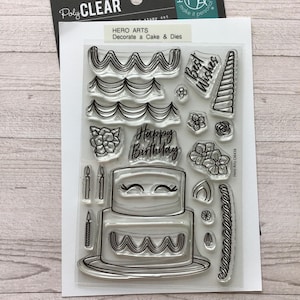 Conjunto de carimbos transparentes "Decore um bolo" da Hero Arts, 4 x 6 polegadas, aniversário, unicórnio, usado