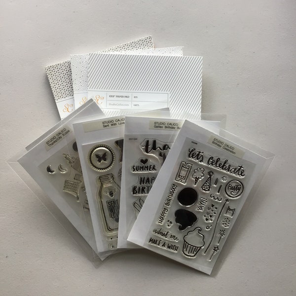 Studio Calico Lot of 4 Clear Stamp Sets + 3 Complete Paper Pads/Craft Destash