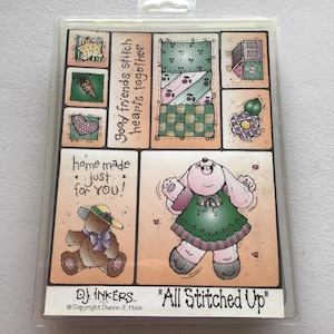 Conjunto de 9 carimbos de borracha montados em espuma "All Stitched Up" da D.J. Inkers, vintage/nunca usados/amizade/Páscoa/colchas/usados