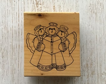 Vintage Daisy Kingdom Caroling Teddy Bear Angels Wood Mounted Rubber Stamp/Christmas/Holidays/Pre-Owned