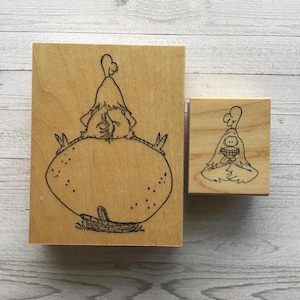 Vintage Art Impressions set van 2 "Chicken & Egg voor- en achterkant" op hout gemonteerde stempels/humoristisch/pasen/lente/gebruikt