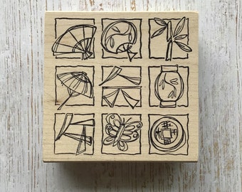 Magenta Asian Symbols Grid Collage Wood Mounted Rubber Stamp/Pre-Owned