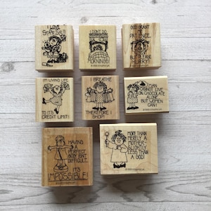 Zestaw 8 gumowych stempli w oprawie drewnianej ze wzorem Vintage Stampin' Up! „For Women Only”/Kobiety/Dzień Matki/Przyjaźń/Humor/Używane