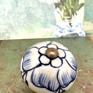 Hand Painted Blue & White Flower Knobs: Ceramic, Original Bolts, Sold Individually