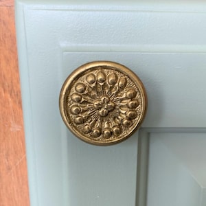 May include: A gold-toned round cabinet knob with a decorative floral design. The knob is mounted on a light blue cabinet door.