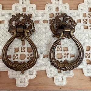 Pair Victorian Ornate Brass Drop Ring Pulls: Flower, Rope Design