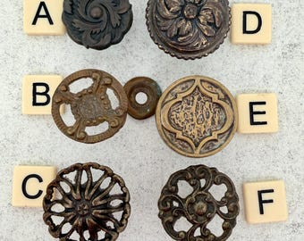 Vintage Single Brass Knobs: Patina, Flower, Antique Wheel, Moroccan Lattice/Sold Individually