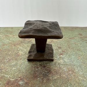 May include: A bronze-colored, square cabinet knob with a textured, organic design. The knob has a square base and a textured, raised top. The hardware is likely for a drawer or cabinet. The finish is a dark, antique bronze.