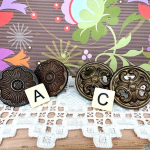 Vintage Cabinet Dresser Knob Pairs: Antique Steel Flower, Celtic Scroll Hardware