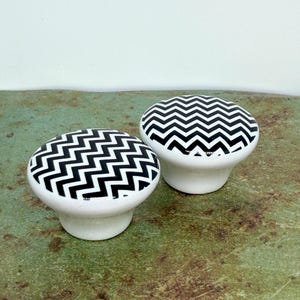 Vintage Pair Black & White Chevron Knobs: Dresser, Media, Cabinet